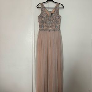 Adrianna Papell blush pink coral beaded v neck evening gown size 8